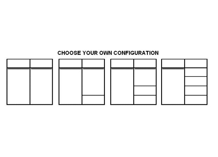 CHOOSE YOUR OWN CONFIGURATION: 4 Allen 150cm oak sliding wardrobes with mirrored doors shown in different layouts.