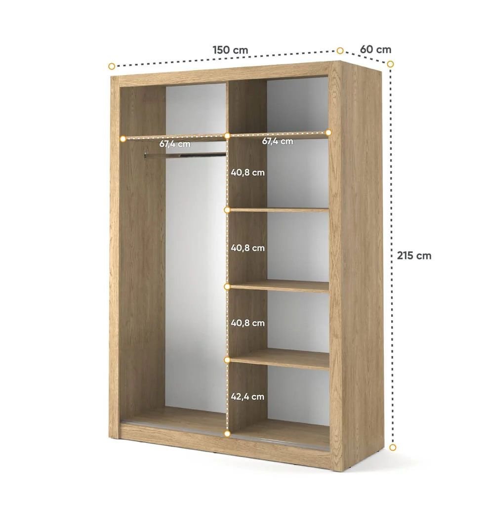 CHOICEWARDROBE Allen 150cm oak sliding door wardrobe with mirrored panel and shelves.