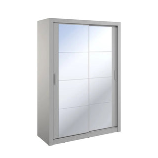 The CHOICEWARDROBE Allen 150cm Grey Sliding Wardrobe features a compact, modern design with full mirror doors and stands against a plain white background.