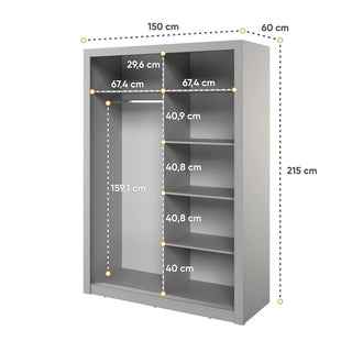CHOICEWARDROBE Allen 150cm grey sliding wardrobe with two full mirrored doors and internal shelves.
