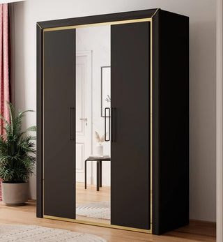 The CHOICEWARDROBE Allen 155cm Mirrored 3 Door Hinged Wardrobe in black with gold trim features a full-length center mirror, modern design, hanging rail, shelves, and a luxury finish.