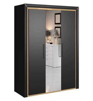 The CHOICEWARDROBE Allen 155cm Mirrored 3 Door Hinged Wardrobe features a modern black and gold trim, mirrored doors with black handles, hanging rail, shelves, and luxury finish—perfect for stylish rooms with white dressers and contemporary décor.