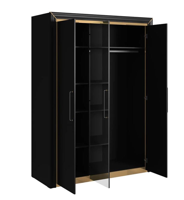 Black 3 door hinged wardrobe with gold trim and one mirrored door, featuring shelves and hanging rail.