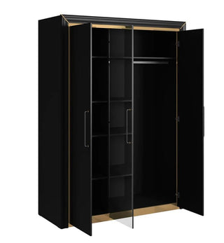 The CHOICEWARDROBE Allen 155cm Mirrored 3 Door Hinged Wardrobe in black with gold trim features open hinged doors, showcasing gold-accented shelves on the left and a hanging rail on the right. The wardrobe’s interior is empty.