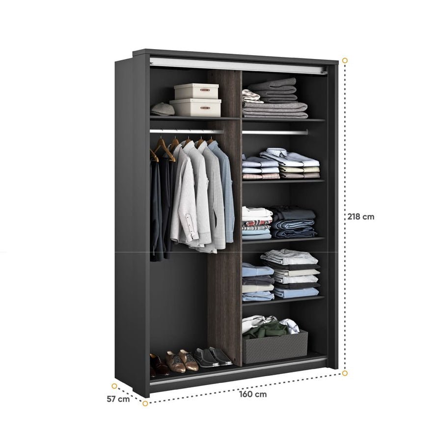CHOICEWARDROBE Allen 160cm sliding wardrobe interior, black frame, Sonoma Oak shelves, hanging clothes, shoes.