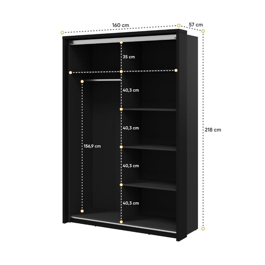 Dimensional diagram of ChoiceWardrobe Allen 160cm sliding wardrobe showing height, width, and depth measurements.