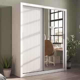 ChoiceWardrobe Allen 160cm white gloss sliding wardrobe with ribbed and mirrored doors – modern bright design.
