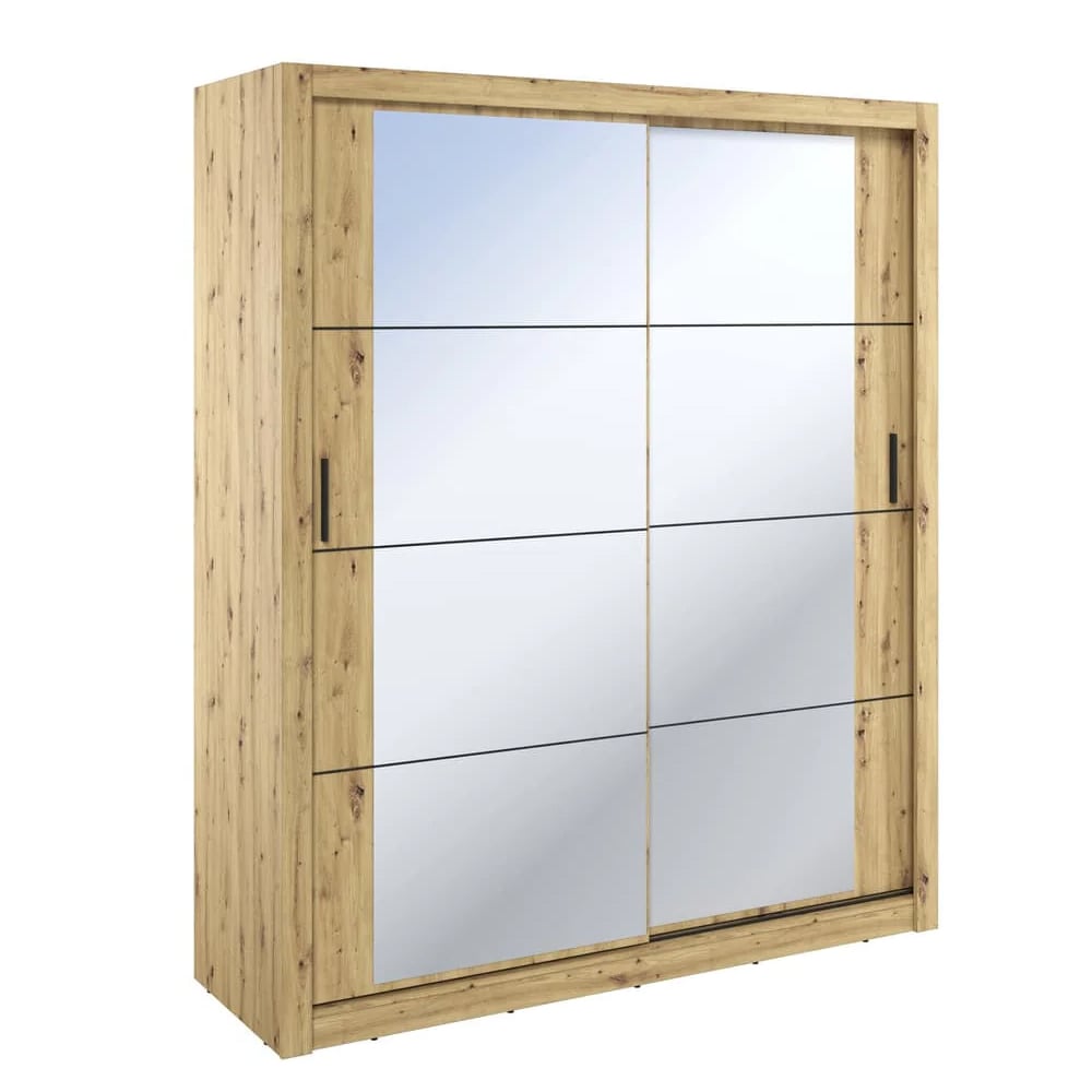 ChoiceWardrobe Allen 180cm sliding wardrobe with natural oak effect frame and two full mirrored doors.