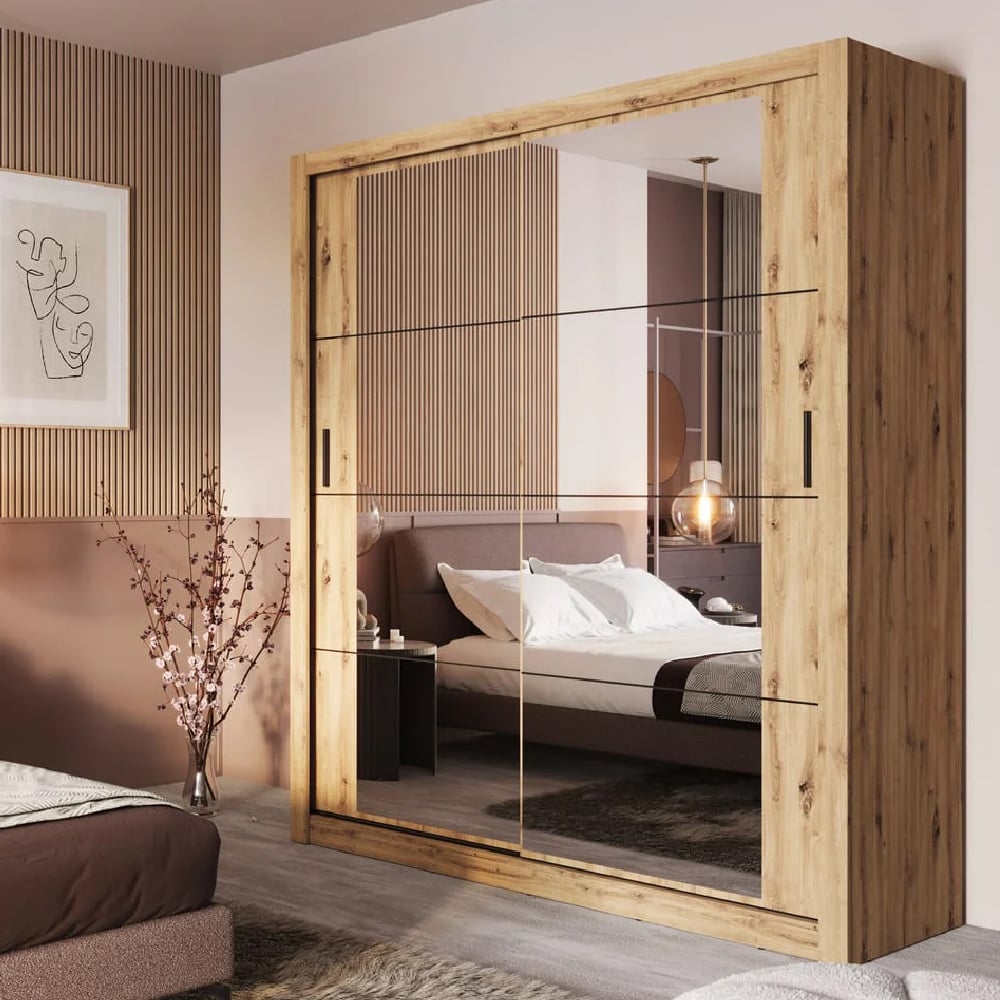 Allen 180cm natural oak sliding wardrobe with two mirrored doors in a modern bedroom
