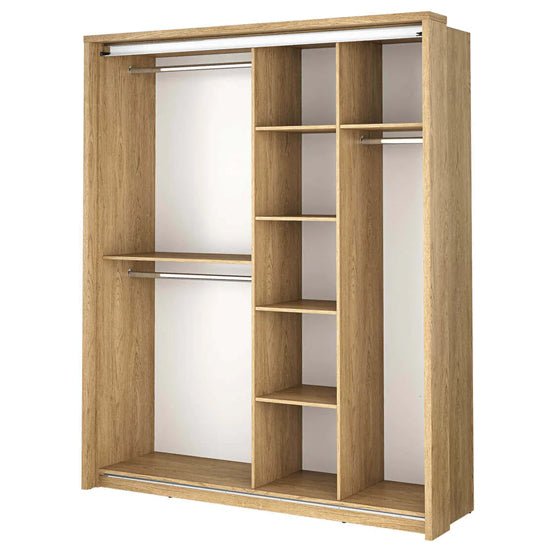 CHOICEWARDROBE Allen 180cm Shetland Oak 2-door sliding wardrobe interior with shelves and hanging rails.