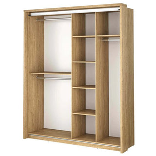 The CHOICEWARDROBE Allen 180cm Shetland Oak & Mirror Sliding Door Wardrobe offers modern, space-saving storage with shelves and hanging rails in a stylish natural wood finish and mirrored sliding doors.