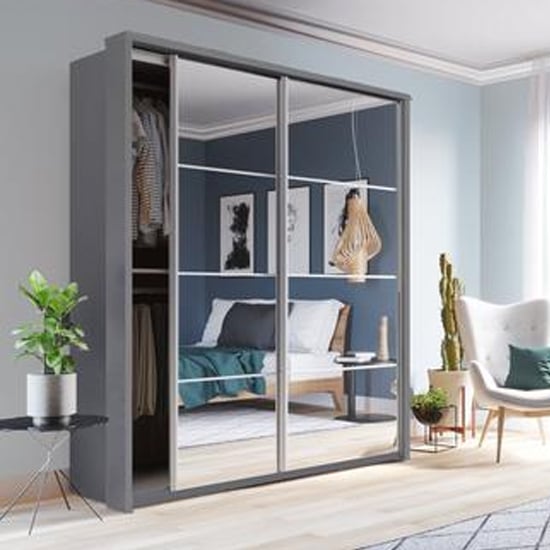 Grey 2-door sliding wardrobe with mirrored doors