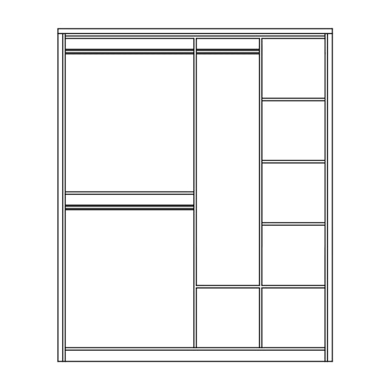 Line drawing of grey two-door mirrored sliding wardrobe internal layout with hanging and shelving sections.