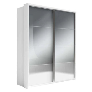 The CHOICEWARDROBE Allen 2 Door Mirrored Sliding Wardrobe (180cm) features a matt white finish, modern space-saving design, and two large mirrored sliding doors with three horizontal panels that reflect light and surroundings. Includes shelves and hanging rail.