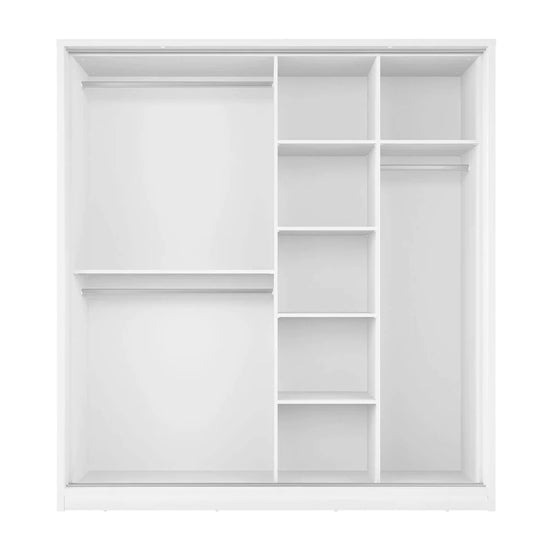 Matt white 2 door sliding wardrobe interior with shelves and hanging rail