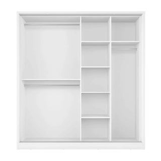 The CHOICEWARDROBE Allen 2 Door Mirrored Sliding Wardrobe—180cm Matt White—features a modern, space-saving design with shelves and a hanging rail, perfect as a medium wardrobe or paired with other sliding door wardrobes.