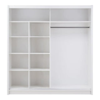 The CHOICEWARDROBE Allen 2 Door Mirrored Sliding Wardrobe (203cm wide) in matt white features full-length mirrors, multiple shelves on the left, and a hanging rod with spacious open storage on the right—ideal for modern, organized spaces.