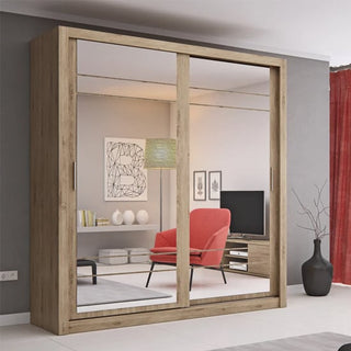 ChoiceWardrobe Allen 2 Door Sliding Mirrored Wardrobe in oak effect finish shown in a modern bedroom interior with stylish mirror reflection