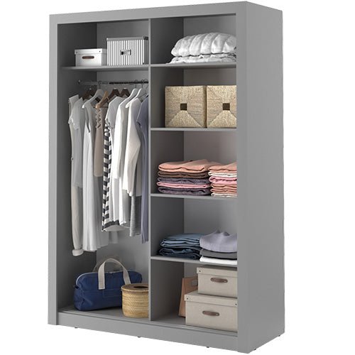 Allen 150cm 2-door sliding wardrobe in matt grey, showing shelves, hanging rail, and storage boxes.