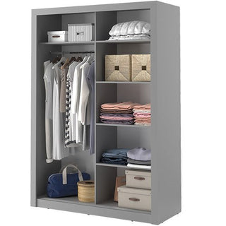 The CHOICEWARDROBE Allen 2 Door Sliding Wardrobe – 150cm Matt Grey with Mirror offers modern, space-saving bedroom storage with shelves for folded items, baskets, and boxes, plus a hanging rod for clothes on the left.
