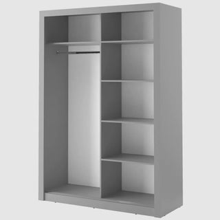 The CHOICEWARDROBE Allen 2 Door Sliding Wardrobe – 150cm Matt Grey with Mirror is a space-saving, modern rectangular unit featuring multiple right shelves, a central mirror, and a left-side hanging rod for clothes.