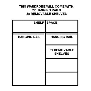 Black and white layout of the CHOICEWARDROBE Allen 2 Door Sliding Wardrobe – 150cm Matt Grey with Mirror shows two hanging rails, three removable shelves, and shelf space. Top text lists included components in this versatile wardrobe.