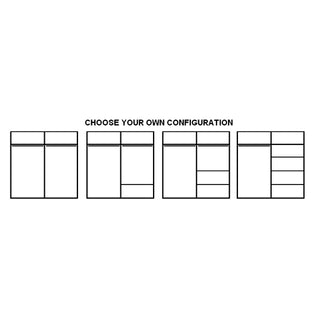 Four wardrobe layouts, labeled CHOOSE YOUR OWN CONFIGURATION, are shown. One highlights the CHOICEWARDROBE Allen 2 Door Sliding Wardrobe – 150cm Matt Grey with Mirror, offering stylish, space-saving storage for modern bedrooms.