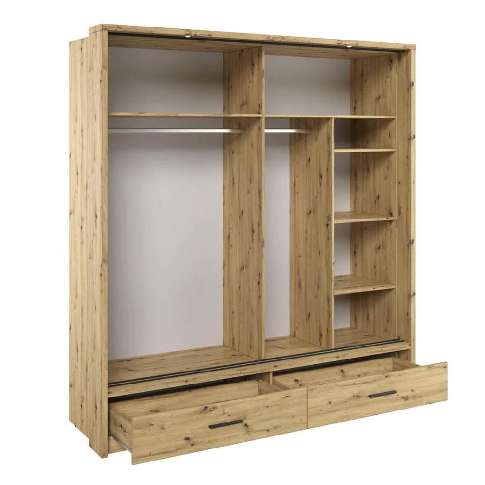 CHOICEWARDROBE Allen 200cm sliding wardrobe in artisan oak, 2 doors (1 mirrored), 2 drawers.