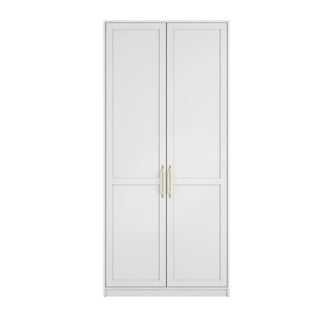 The CHOICEWARDROBE Allen 2 Door Wooden Wardrobe features a white finish, modern design, and gold handles—a sleek bedroom storage solution shown against a plain white background.