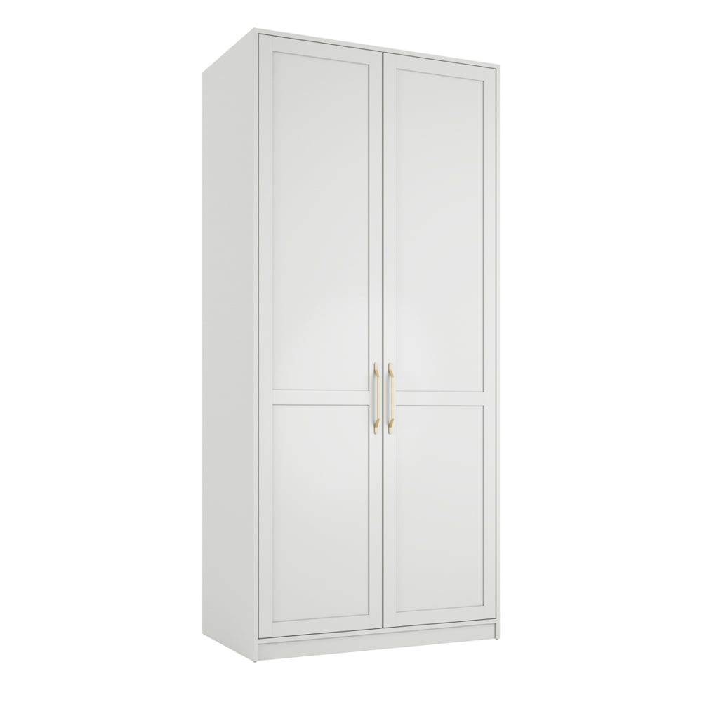 White two-door wardrobe with gold handles