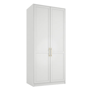 The CHOICEWARDROBE Allen 2 Door Wooden Wardrobe in white finish features an elegant modern design with gold handles—a sleek, freestanding bedroom storage solution shown against a plain white background.