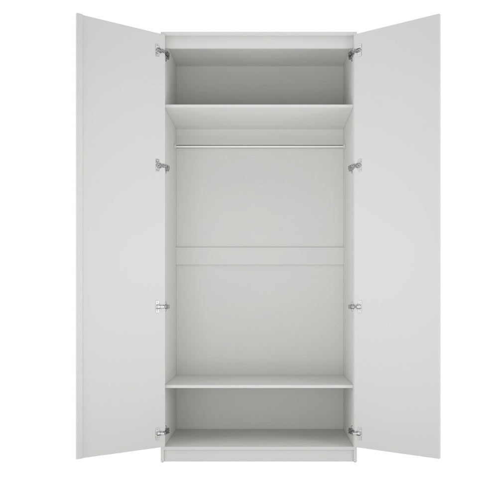 White 2 door wooden wardrobe, open doors showing hanging rail and shelves