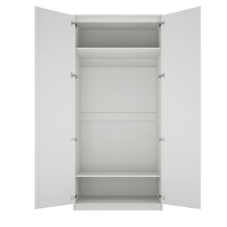 The CHOICEWARDROBE Allen 2 Door Wooden Wardrobe in white finish features an elegant modern design with gold handles, open doors revealing a spacious interior with a top shelf, hanging rod, and bottom shelf—ideal for bedroom storage.