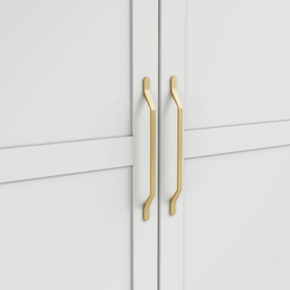 Close-up of CHOICEWARDROBE Allen white two-door wardrobe with gold handles.