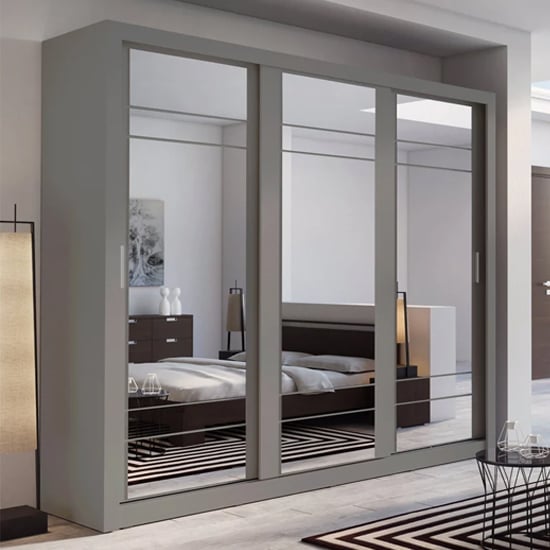 ChoiceWardrobe Allen 3 door grey satin sliding wardrobe with full mirror panels.