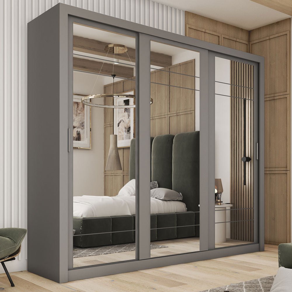 Allen 3-door sliding wardrobe in grey satin finish with full mirrored panels