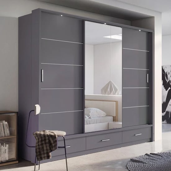 CHOICEWARDROBE Allen 250cm 3 door sliding wardrobe in matt grey with mirror panel and drawers
