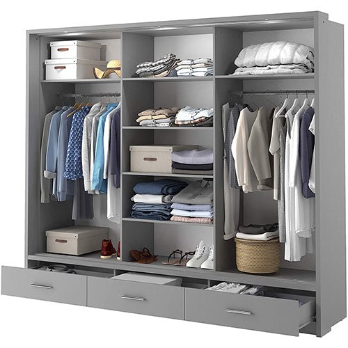 CHOICEWARDROBE 3 door sliding wardrobe, matt grey finish, mirrored panel, with shelves, hanging clothes, and drawers.