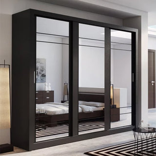 The CHOICEWARDROBE Allen 250cm Black Sliding Wardrobe features 3 full mirror doors, offering luxury modern bedroom storage and space-enhancing reflections—perfect for adding style and functionality to your bedroom.