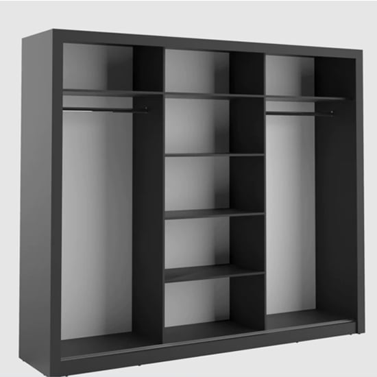 CHOICEWARDROBE Allen 250cm Matt Black sliding wardrobe with 3 mirrored doors and internal hanging rails.