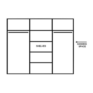 A simple black and white closet layout with shelves in the center and hanging spaces on both sides, ideal for organizing modern bedrooms with the CHOICEWARDROBE Allen 250cm Black Sliding Wardrobe – 3 Full Mirror Doors. Hanging Space is labeled on the right.