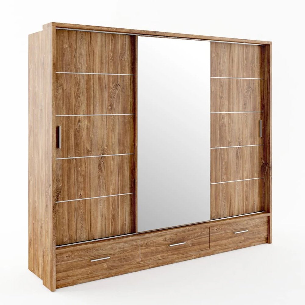 Allen 250cm oak 3-door sliding wardrobe with central mirror and lower storage drawers