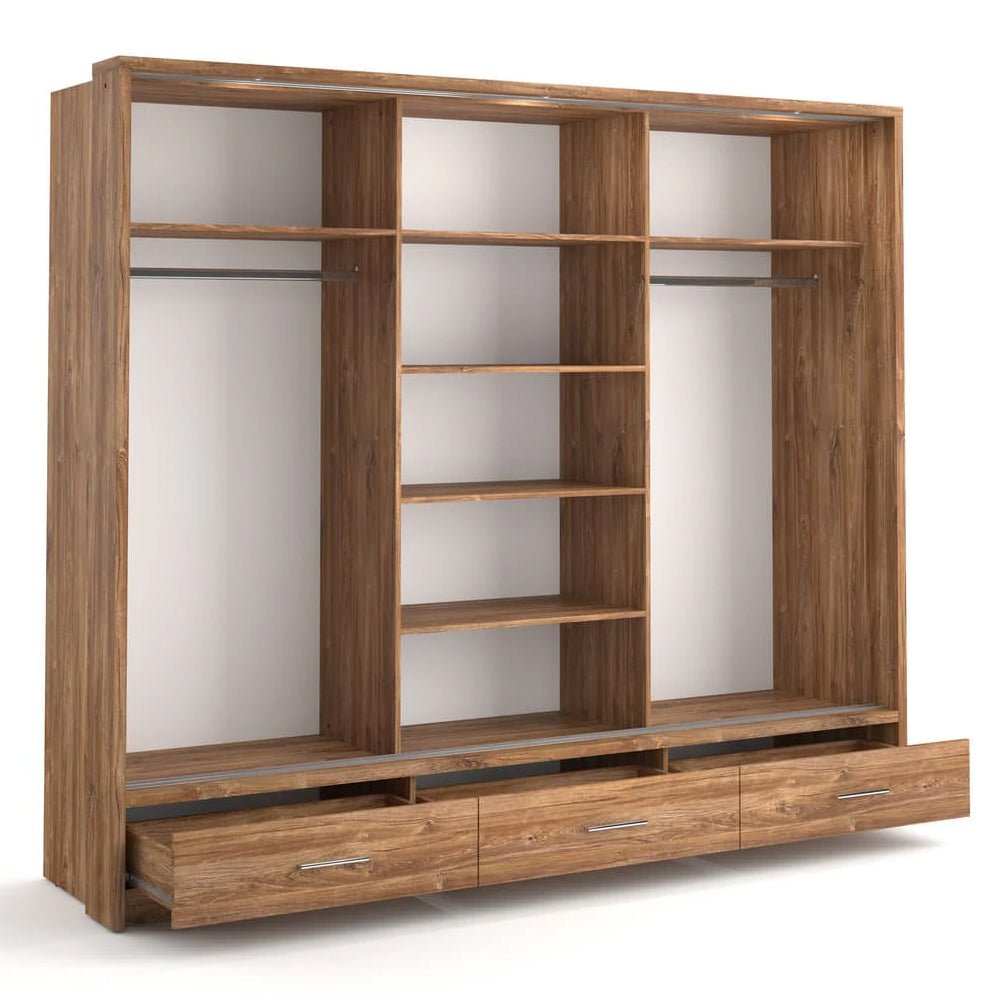 Allen oak sliding wardrobe interior showing 3 doors and lower drawers