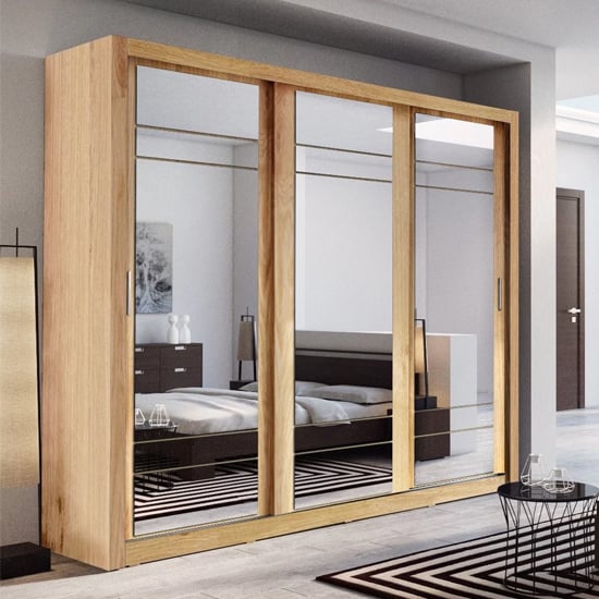 CHOICEWARDROBE Allen 250cm three-door sliding wardrobe in Shetland Oak finish with mirrored doors.