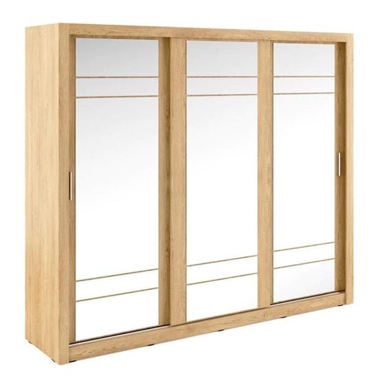 CHOICEWARDROBE Allen 250cm Shetland Oak sliding wardrobe with three mirrored doors.