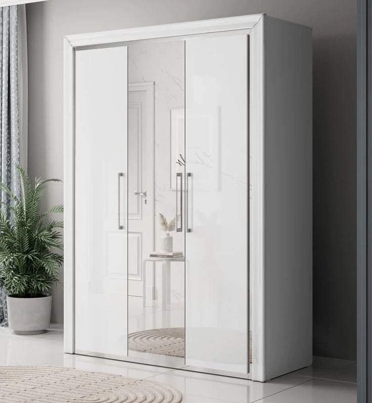 CHOICEWARDROBE Allen 3 door mirrored wardrobe in white high gloss with metal handles.