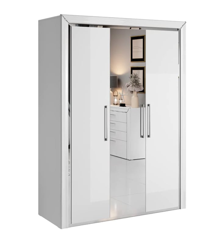 CHOICEWARDROBE Allen 3-door high gloss white wardrobe with mirrored central door, internal shelves and hanging rail.