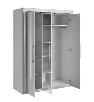 The CHOICEWARDROBE Allen 3 Door Mirrored Wardrobe features a white high gloss finish, modern hinged doors, shelves on the left, a hanging rail on the right, and long vertical handles for easy bedroom storage and access.