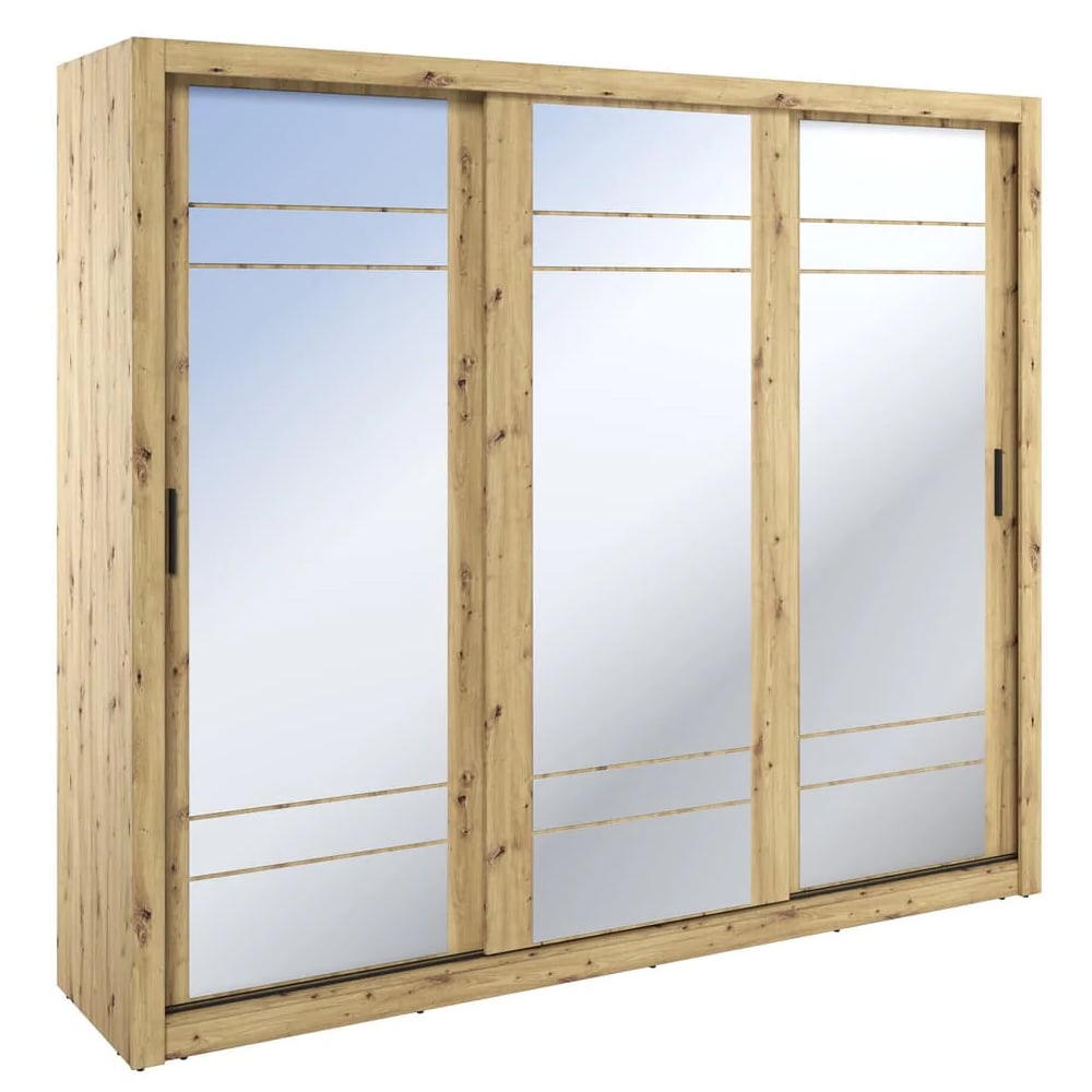 CHOICEWARDROBE Allen 3 door sliding mirrored wardrobe, 250cm, Artisan Oak finish. Modern rustic style.