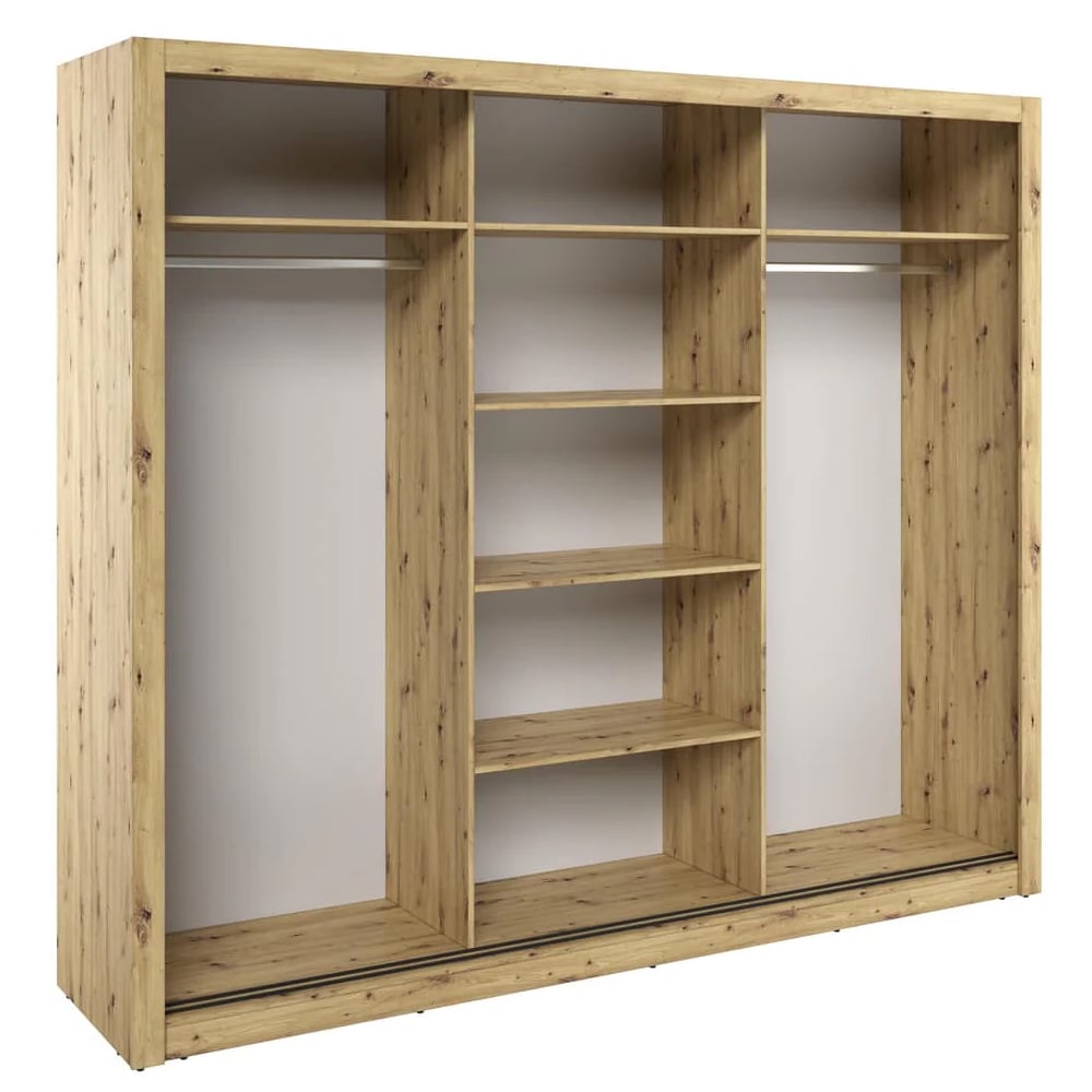 Open view of 3-door sliding wardrobe in Artisan Oak finish, showing internal shelves and hanging rails. 250cm wide.
